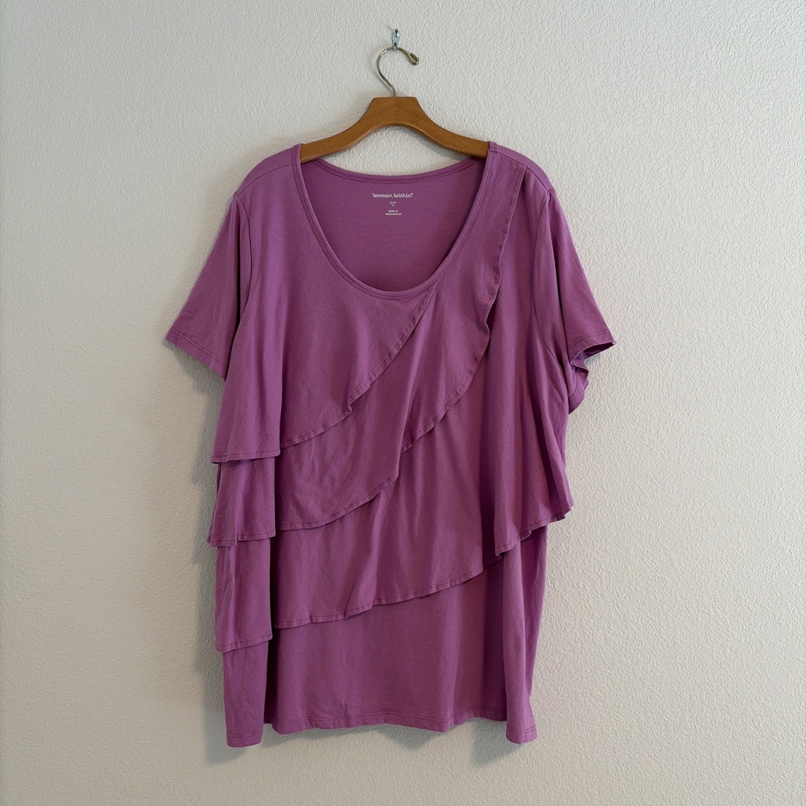 New Woman Within Women’s Soft 1x Purple Ruffle Cute Summer T-Shirt Plus Size